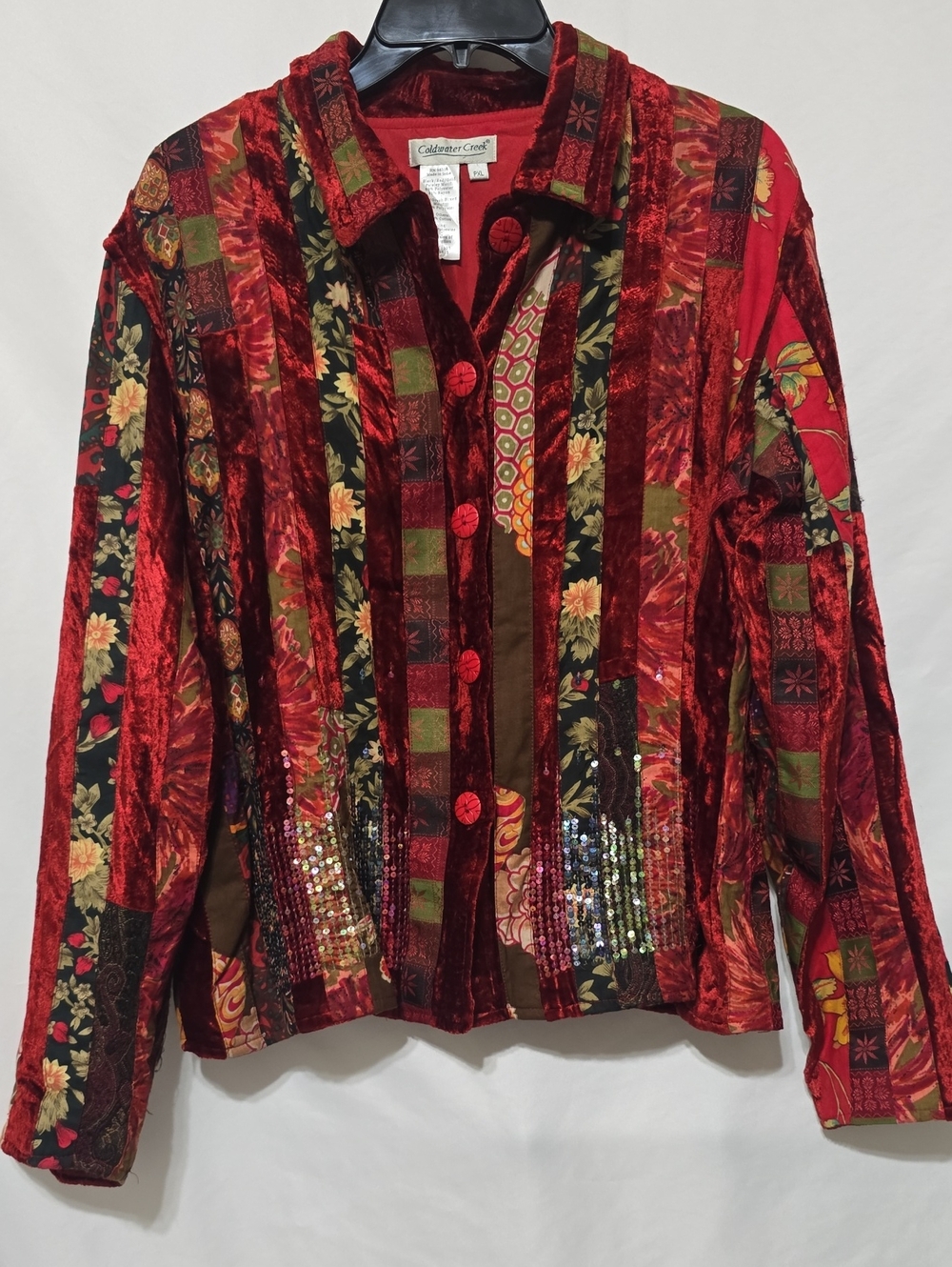 Coldwater Creek Velvet Patchwork Jacket Red Boho Whimsigoth Art to Wear PXL